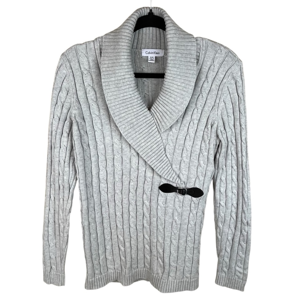 Calvin Klein Light Gray Cable Knit Sweater, Shawl Collar